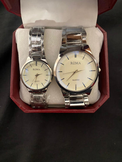 ROMA Silver Couple Watch Set – His & Hers Quartz Watches