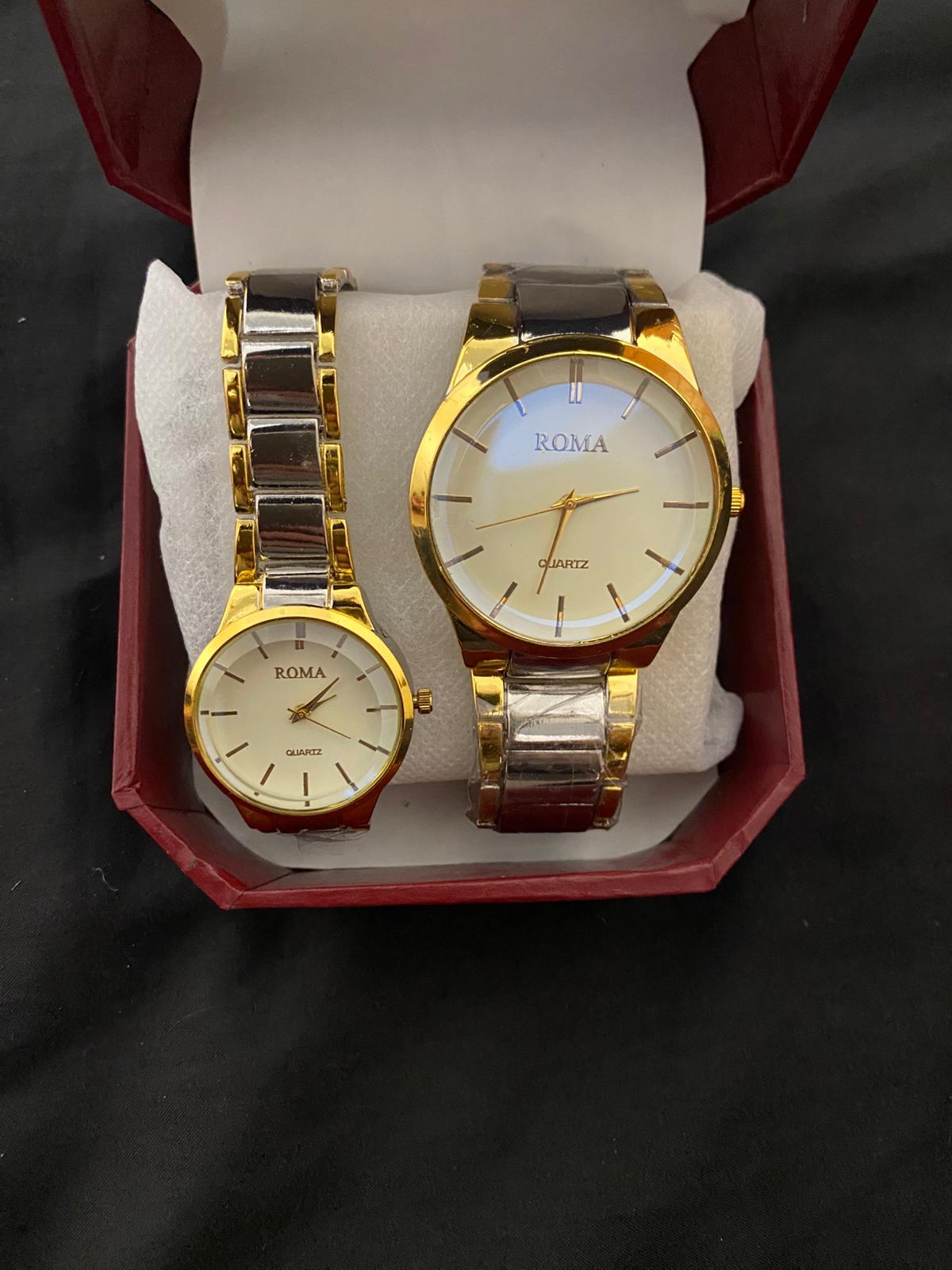 ROMA Quartz Couple Watch Set – Minimalist Gold & Silver Wristwatches