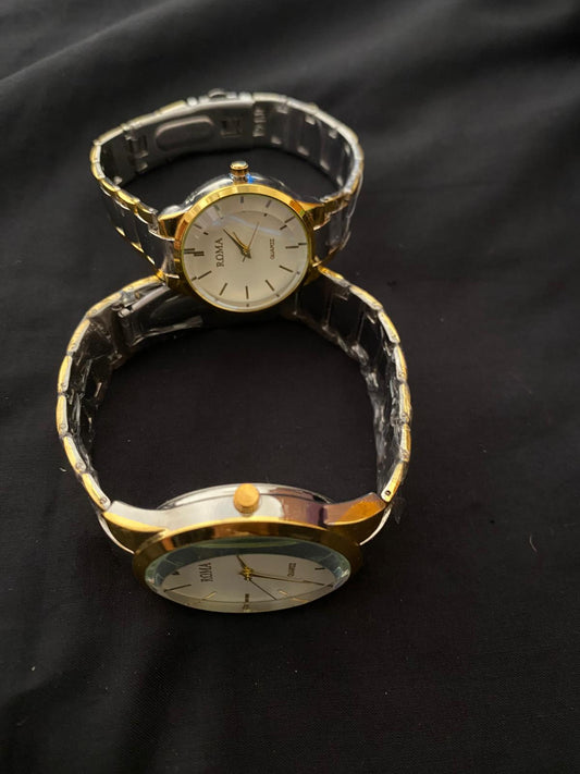 ROMA Quartz Couple Watch Set – Minimalist Gold & Silver Wristwatches